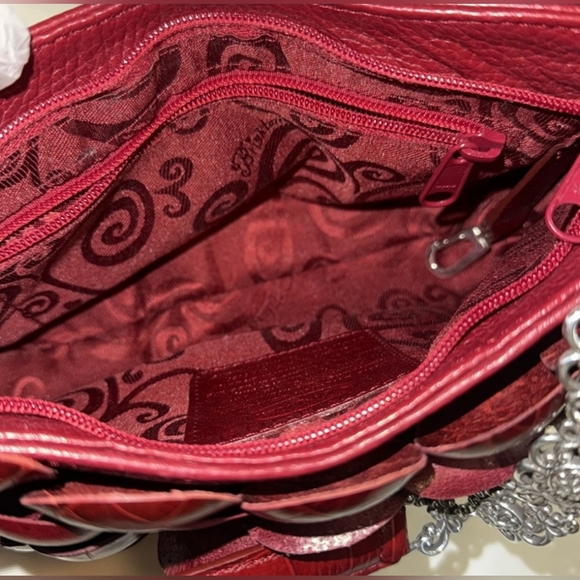 Brighton ROSALIE Bag Purse REDLEATHER Flower 3D Petals Silver Chain Appliqué - Picture 10 of 12